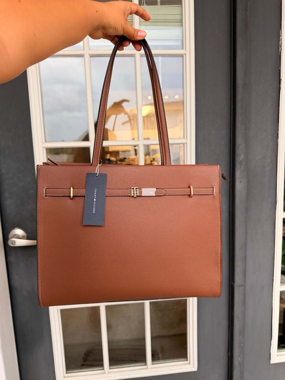 Tommy Hilfiger Brown Pebbled Faux Leather Tote Handbag